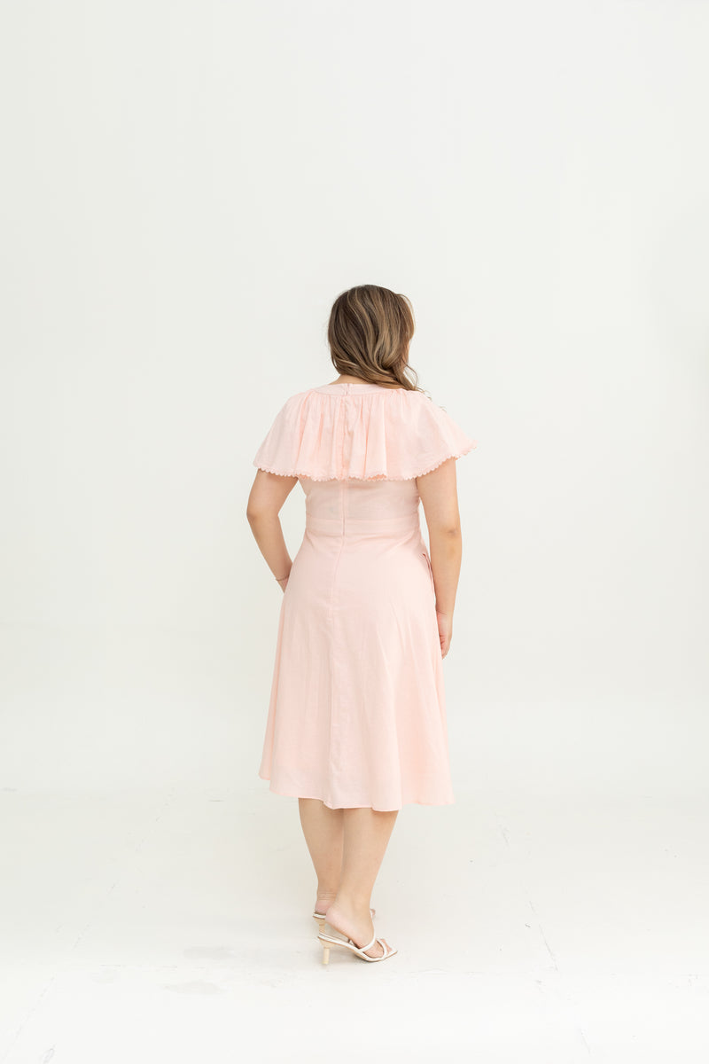 Linen Flutter Sleeves Flare Dress (Pastel Pink)