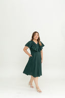Linen Flutter Sleeves Flare Dress (Forest)