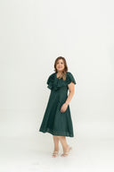Linen Flutter Sleeves Flare Dress (Forest)