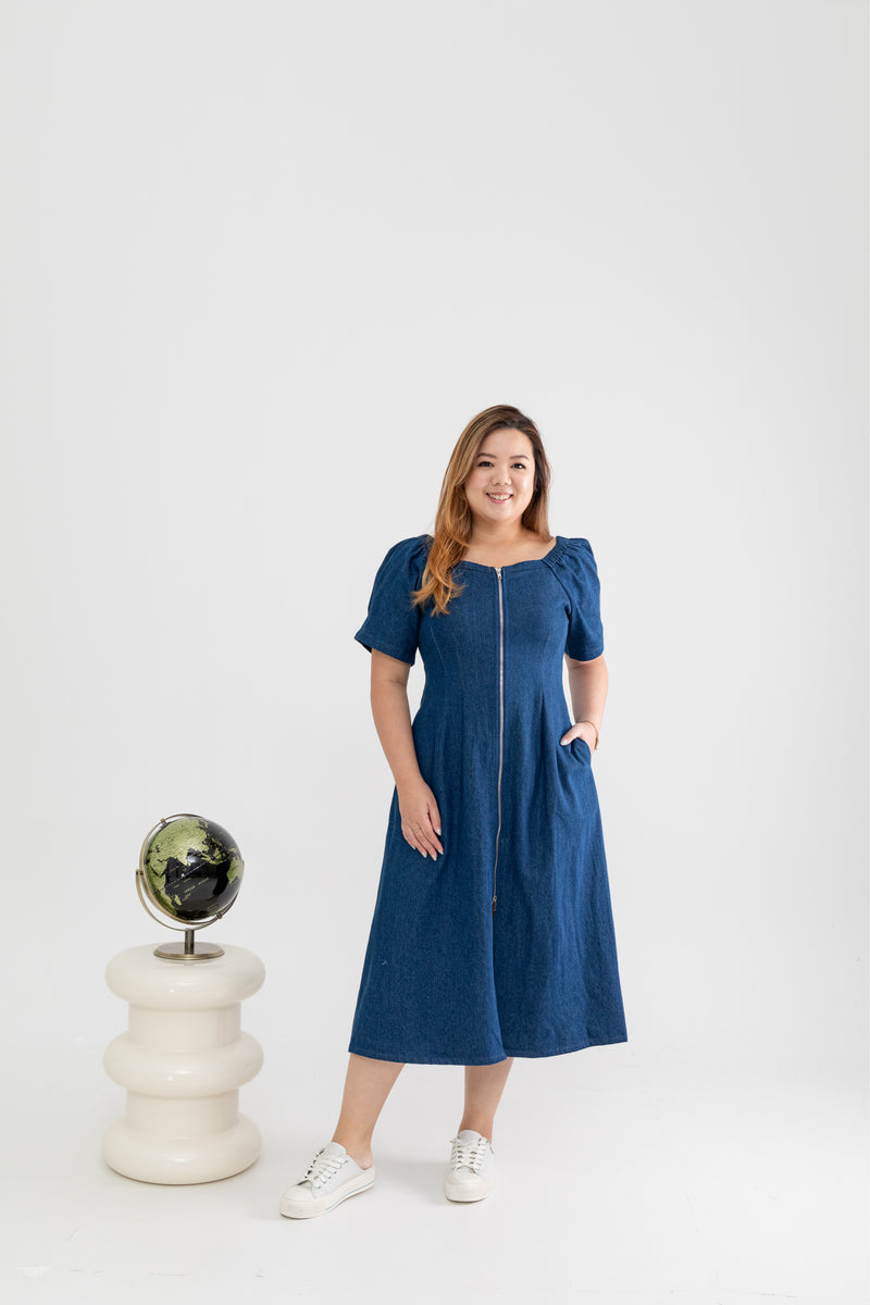 Front Zip Denim Midi Dress (Fresh Blue)
