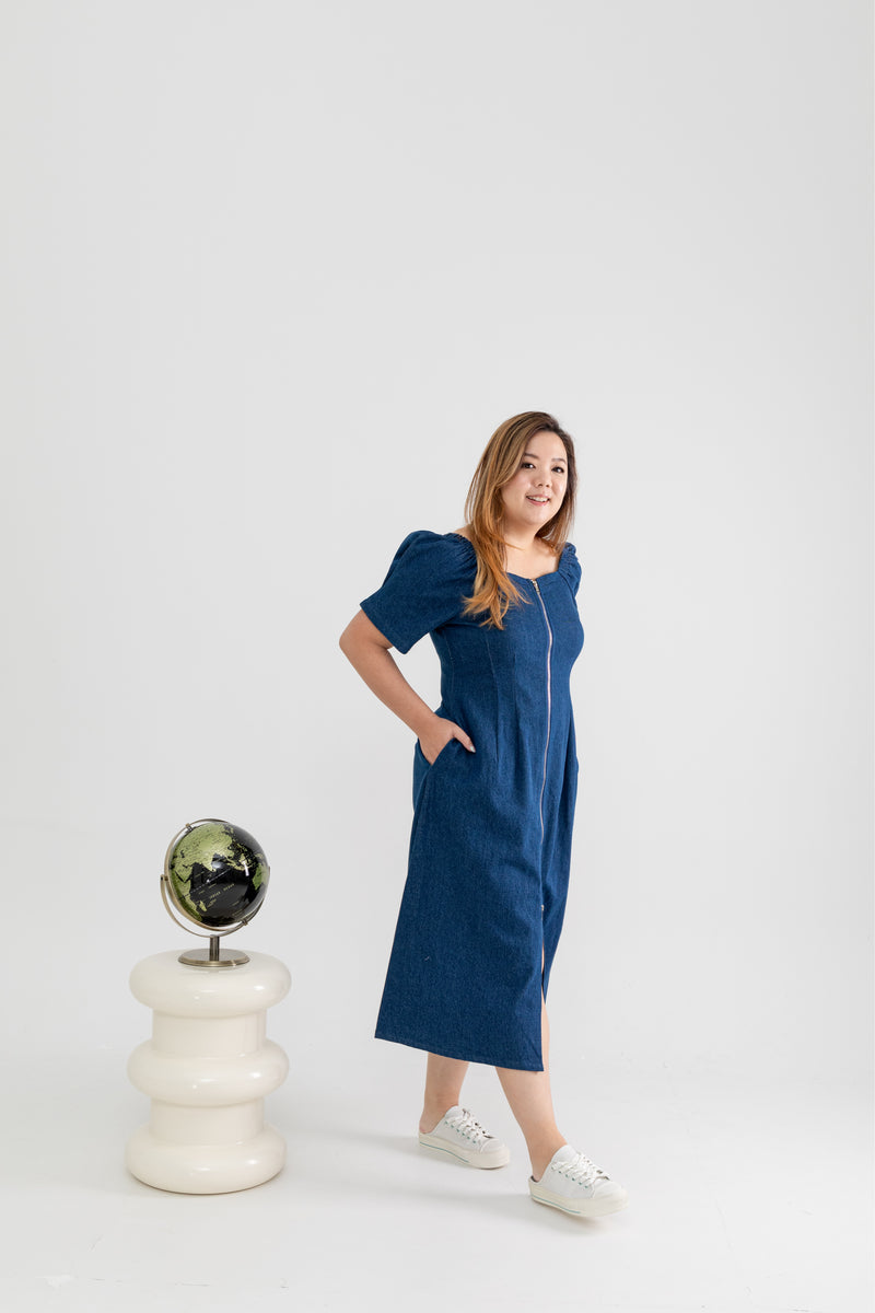 Front Zip Denim Midi Dress (Fresh Blue)