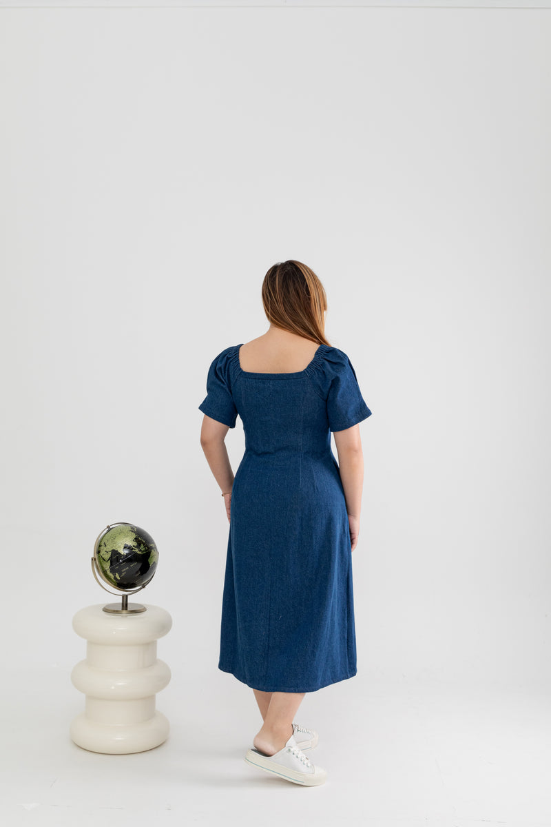 Front Zip Denim Midi Dress (Fresh Blue)