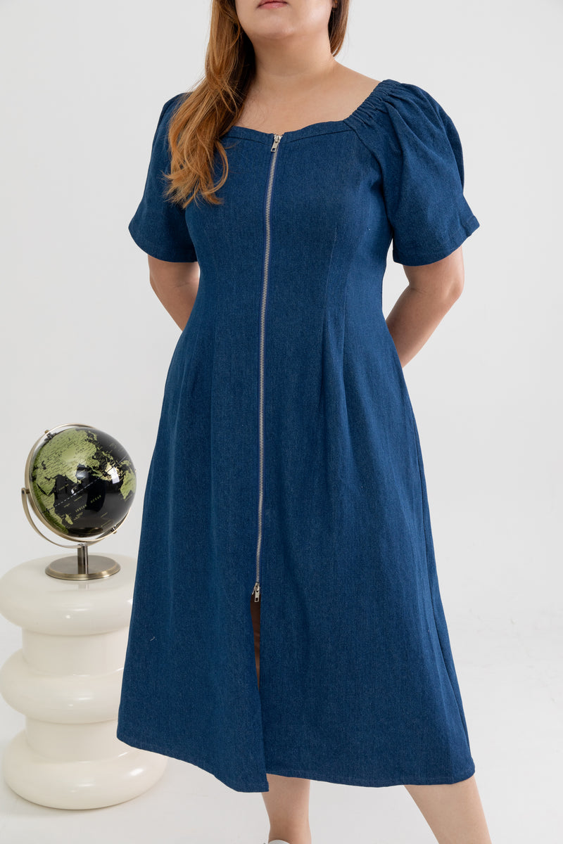 Front Zip Denim Midi Dress (Fresh Blue) – ELTWINE