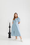 Front Zip Denim Midi Dress (Light Wash)