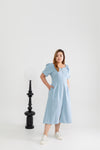 Front Zip Denim Midi Dress (Light Wash)