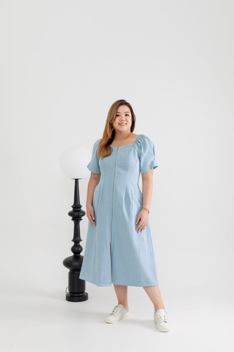 Front Zip Denim Midi Dress (Light Wash)