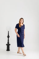 Embroidery Eyelet Shift Dress (Navy)