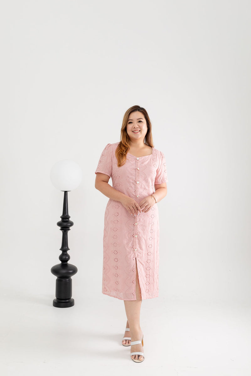 Embroidery Eyelet Shift Dress (Pink)