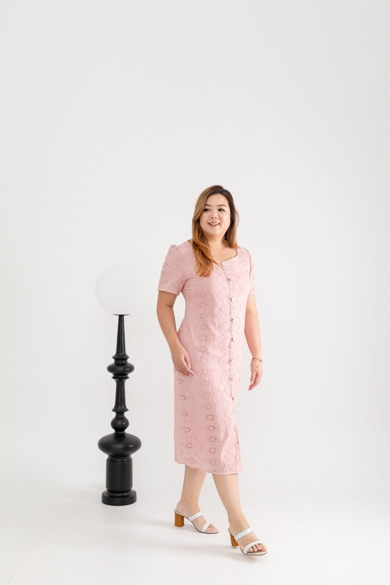 Embroidery Eyelet Shift Dress (Pink)