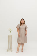 Mandarin Collar Contrast Button Dress (Khaki)