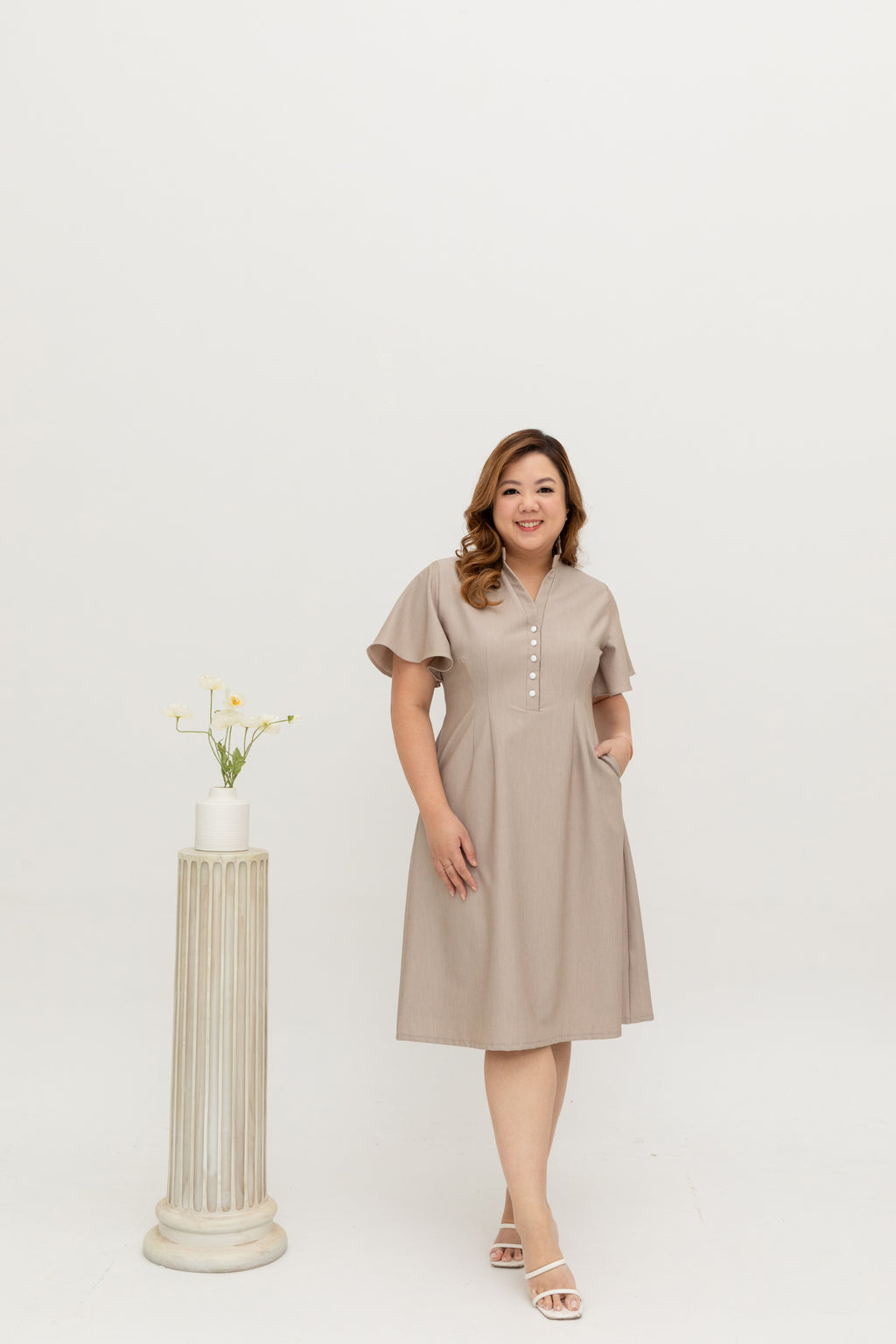 Mandarin Collar Contrast Button Dress (Khaki)