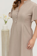 Mandarin Collar Contrast Button Dress (Khaki)