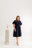 Mandarin Collar Contrast Button Dress (Navy)