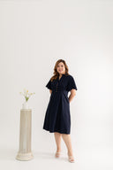 Mandarin Collar Contrast Button Dress (Navy)