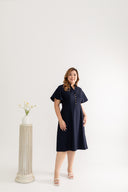 Mandarin Collar Contrast Button Dress (Navy)