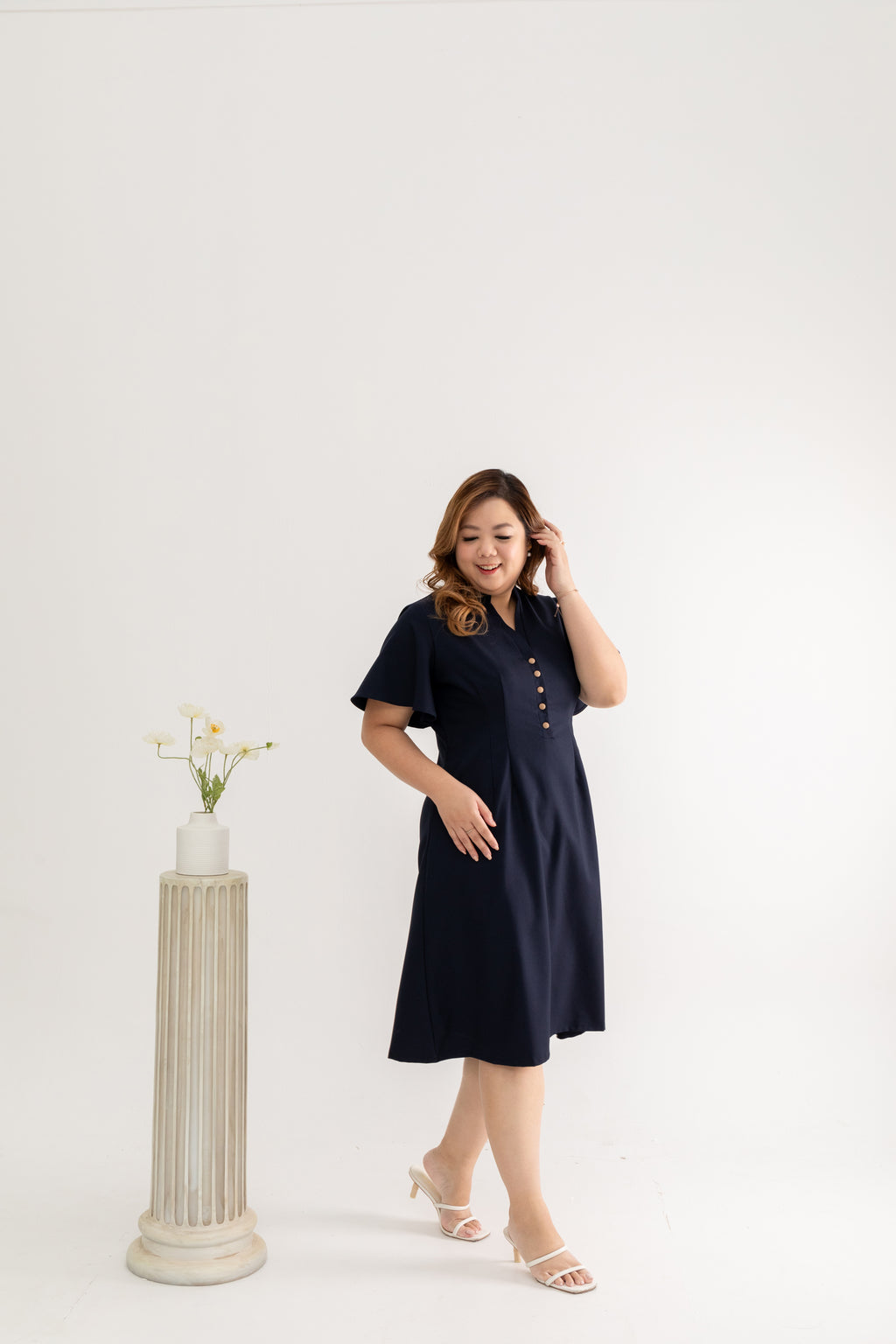 Mandarin Collar Contrast Button Dress (Navy)