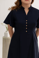 Mandarin Collar Contrast Button Dress (Navy)