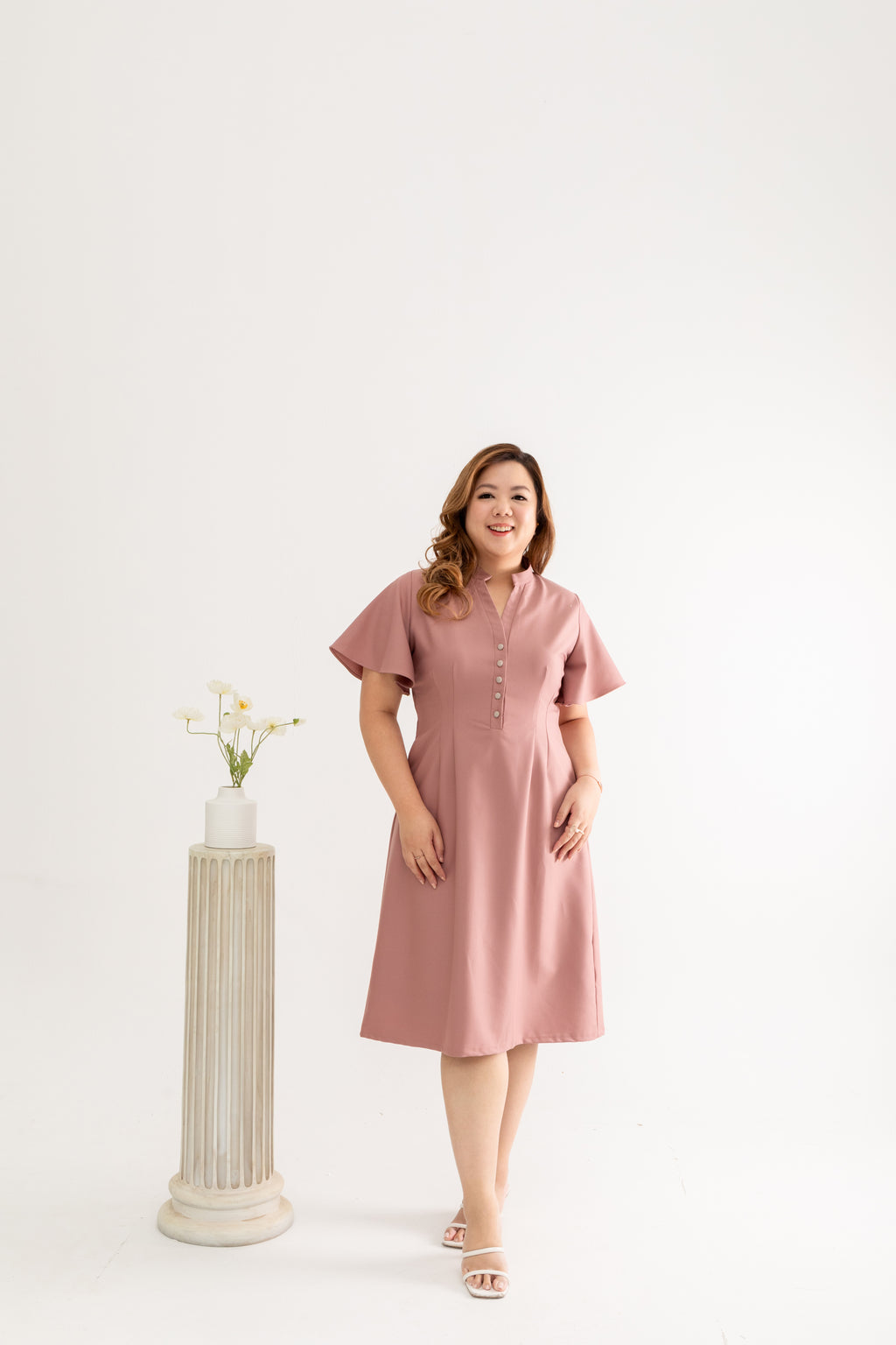 Mandarin Collar Contrast Button Dress (Blush)