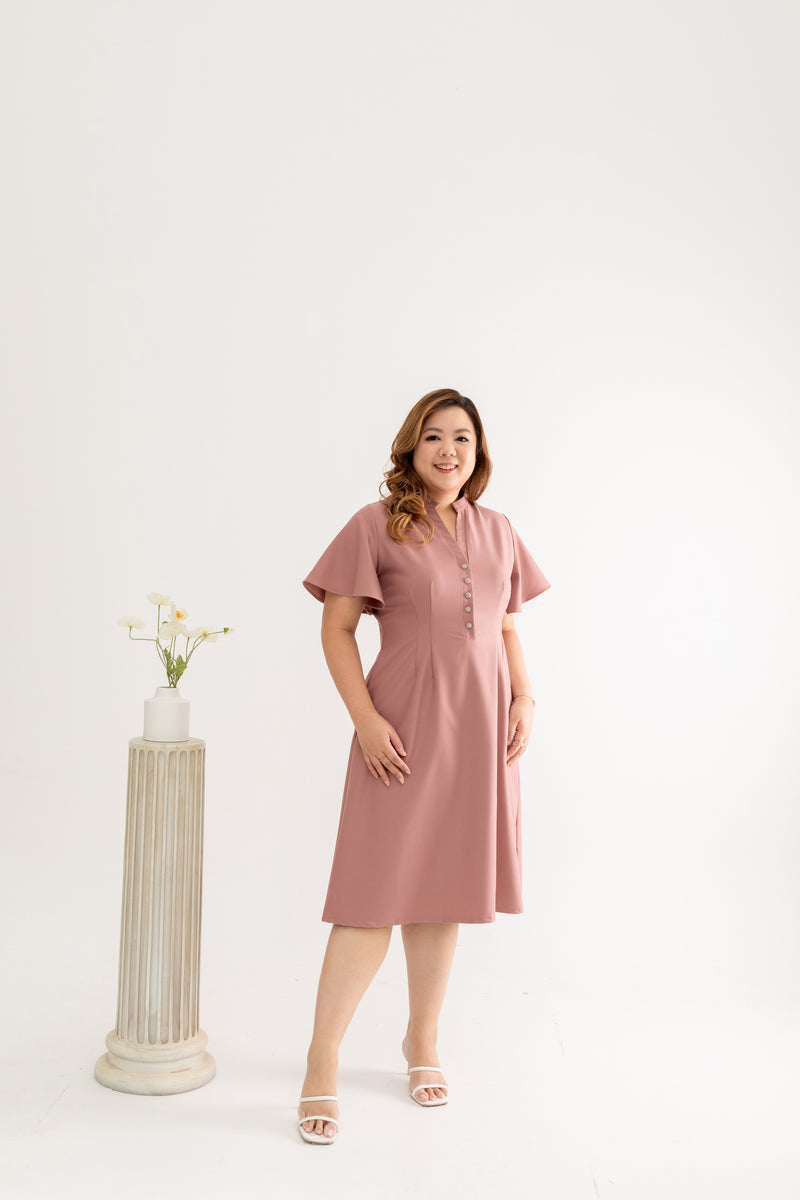 Mandarin Collar Contrast Button Dress (Blush)