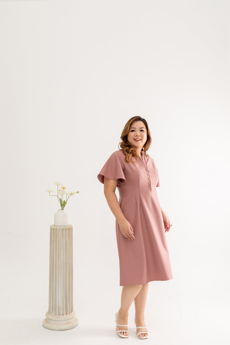 Mandarin Collar Contrast Button Dress (Blush)