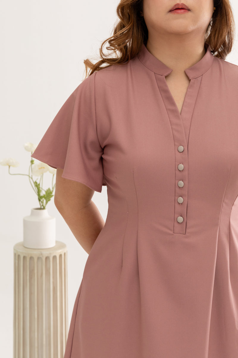 Mandarin Collar Contrast Button Dress (Blush)