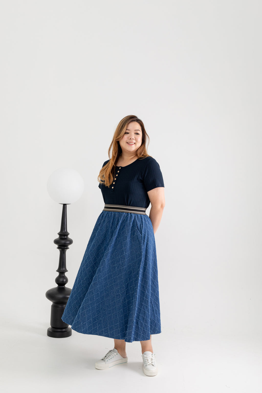 Elastic Waist Textured Denim Skirt (Blue)