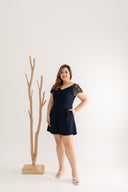 Front Zip Lace-back Romper (Navy)