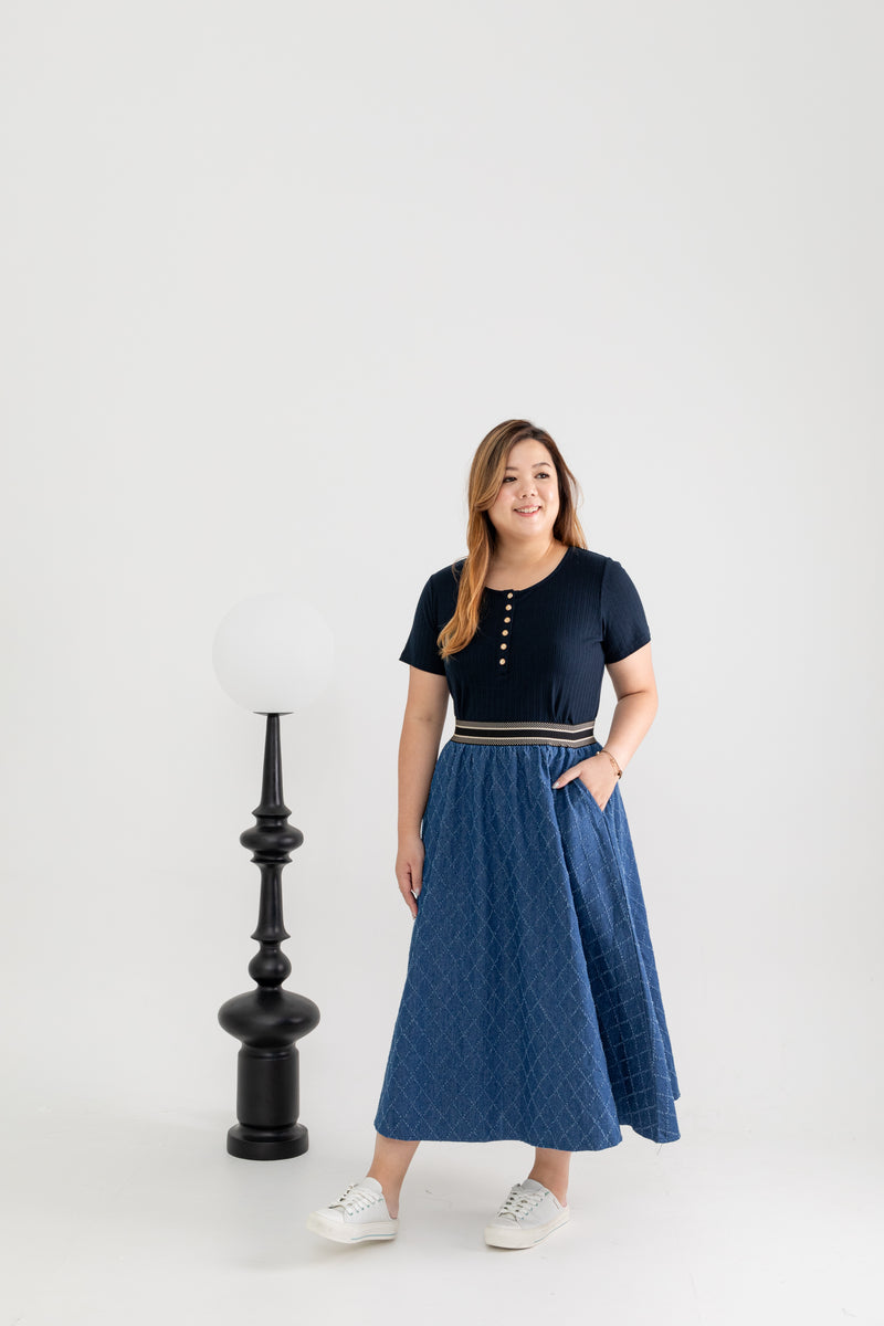 Elastic Waist Textured Denim Skirt (Blue)