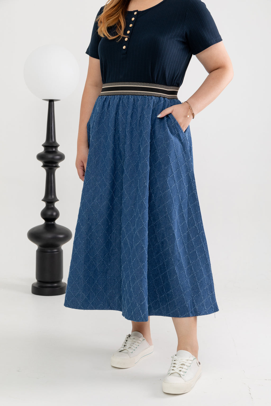 Elastic Waist Textured Denim Skirt (Blue)