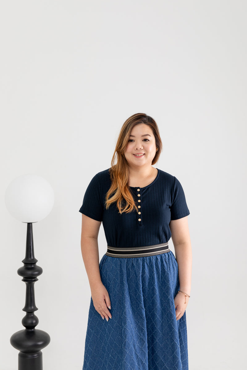 Elastic Waist Textured Denim Skirt (Blue)