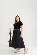 Elastic Waist Textured Denim Skirt (Black)