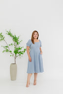 Smocked-back Texture Skater Midi Dress (Blue)