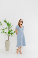 Smocked-back Texture Skater Midi Dress (Blue)