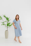 Smocked-back Texture Skater Midi Dress (Blue)