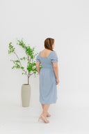 Smocked-back Texture Skater Midi Dress (Blue)