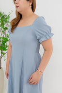 Smocked-back Texture Skater Midi Dress (Blue)