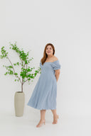 Smocked-back Texture Skater Midi Dress (Blue)