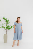 Smocked-back Texture Skater Midi Dress (Blue)