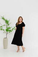 Smocked-back Texture Skater Midi Dress (Black)