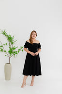 Smocked-back Texture Skater Midi Dress (Black)