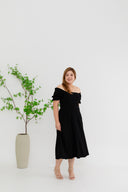 Smocked-back Texture Skater Midi Dress (Black)