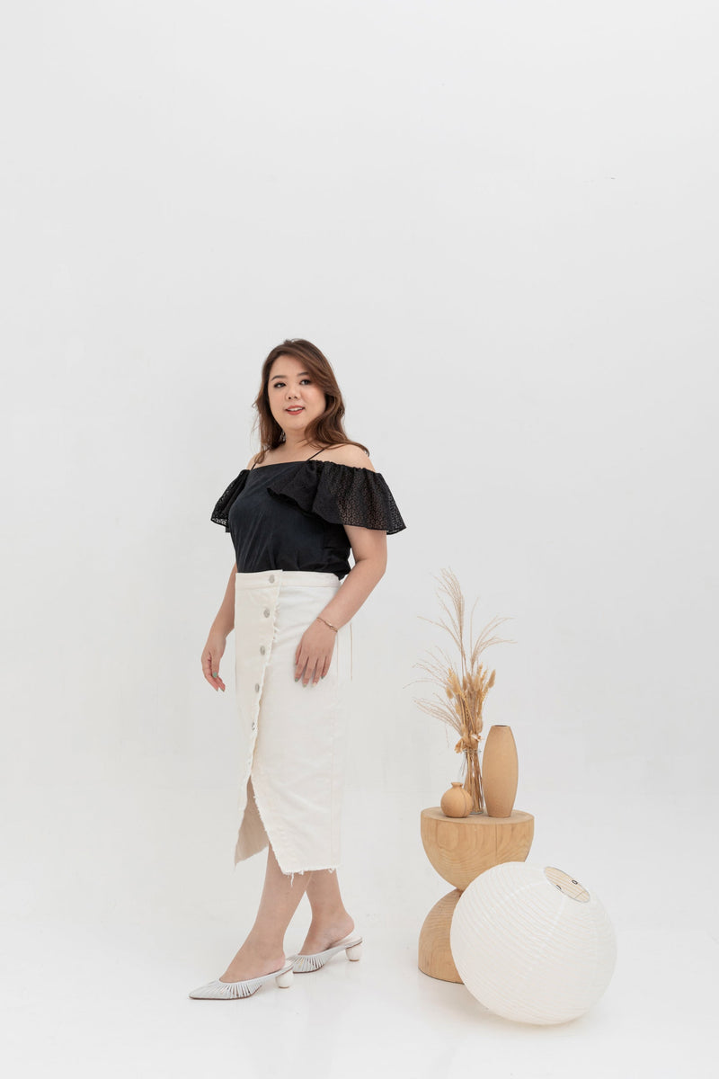 Asymmetrical Denim Midi Skirt (White)