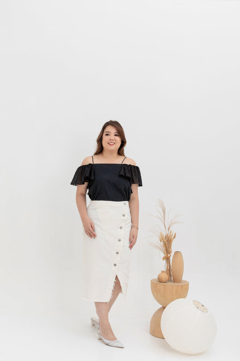Asymmetrical Denim Midi Skirt (White)