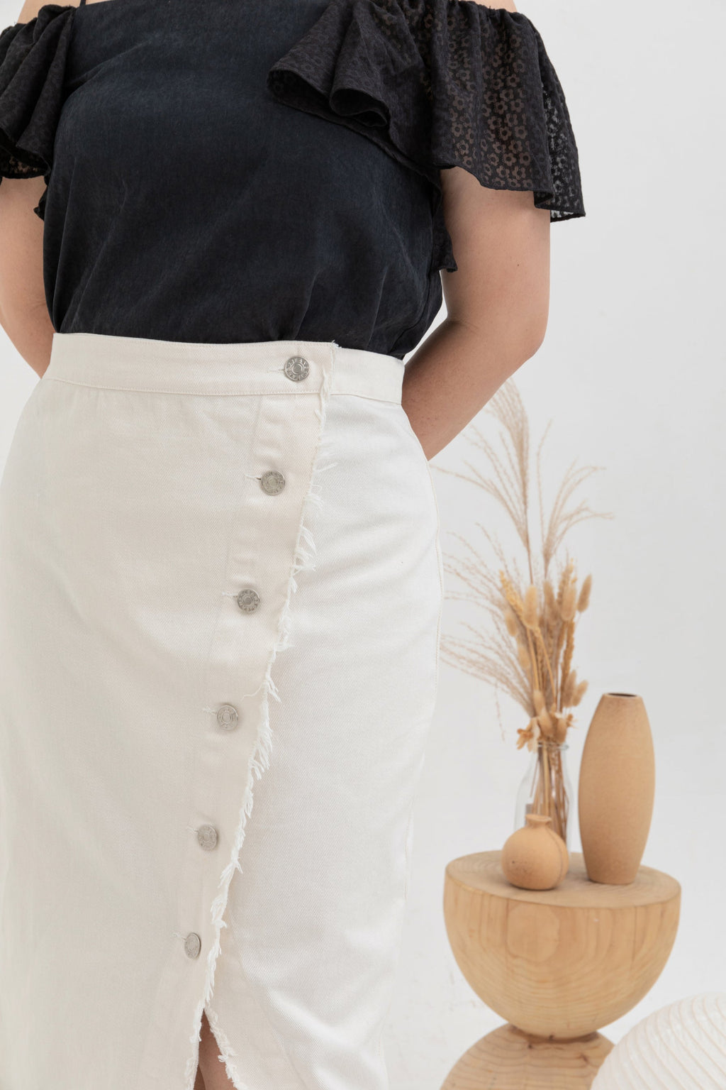 Asymmetrical Denim Midi Skirt (White)