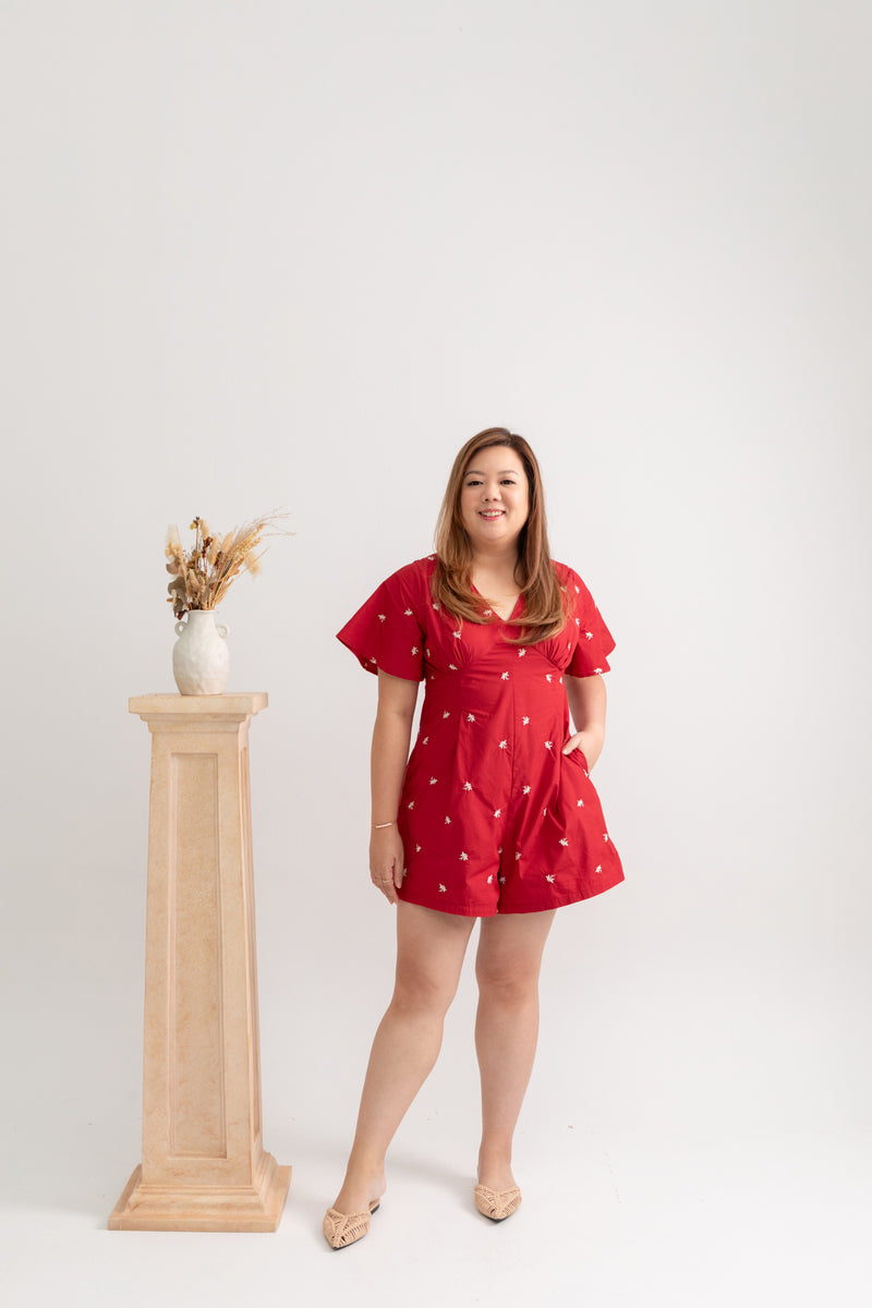 V-neck Embroidery Romper (édition limitée print - Red)