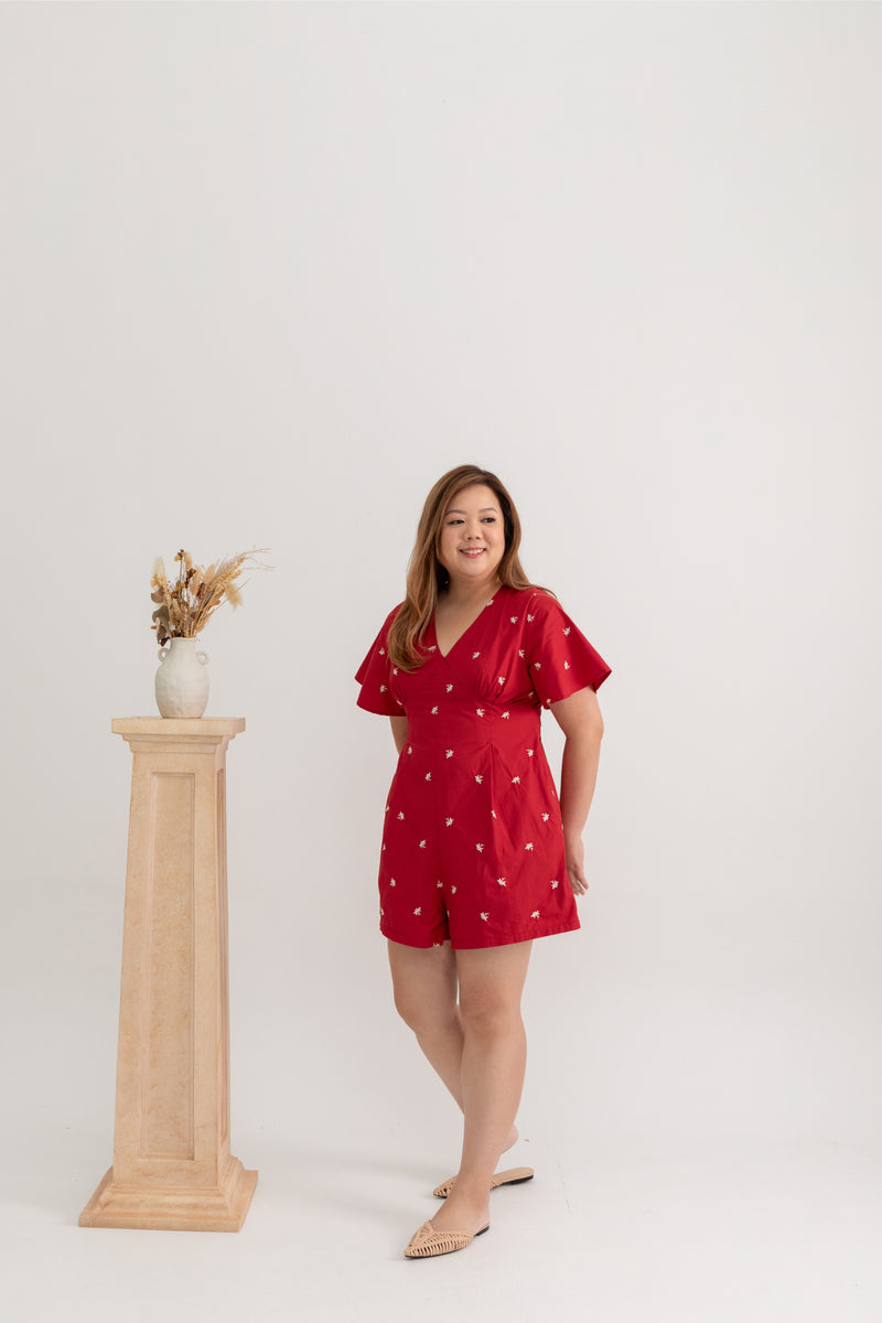 V-neck Embroidery Romper (édition limitée print - Red)