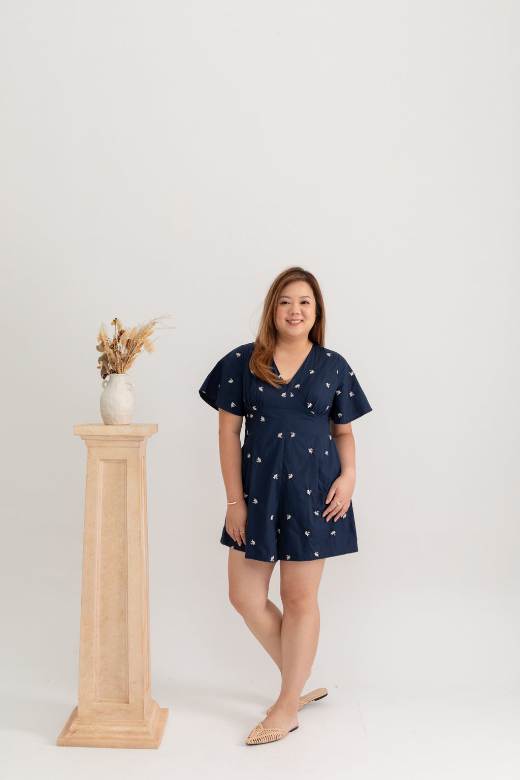 V-neck Embroidery Romper (édition limitée print - Navy)