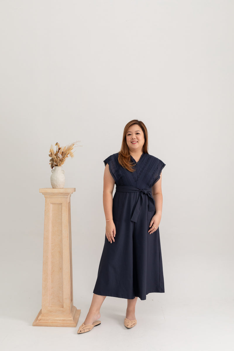 Eyelet Batwing Midi Jumpsuit (Navy)