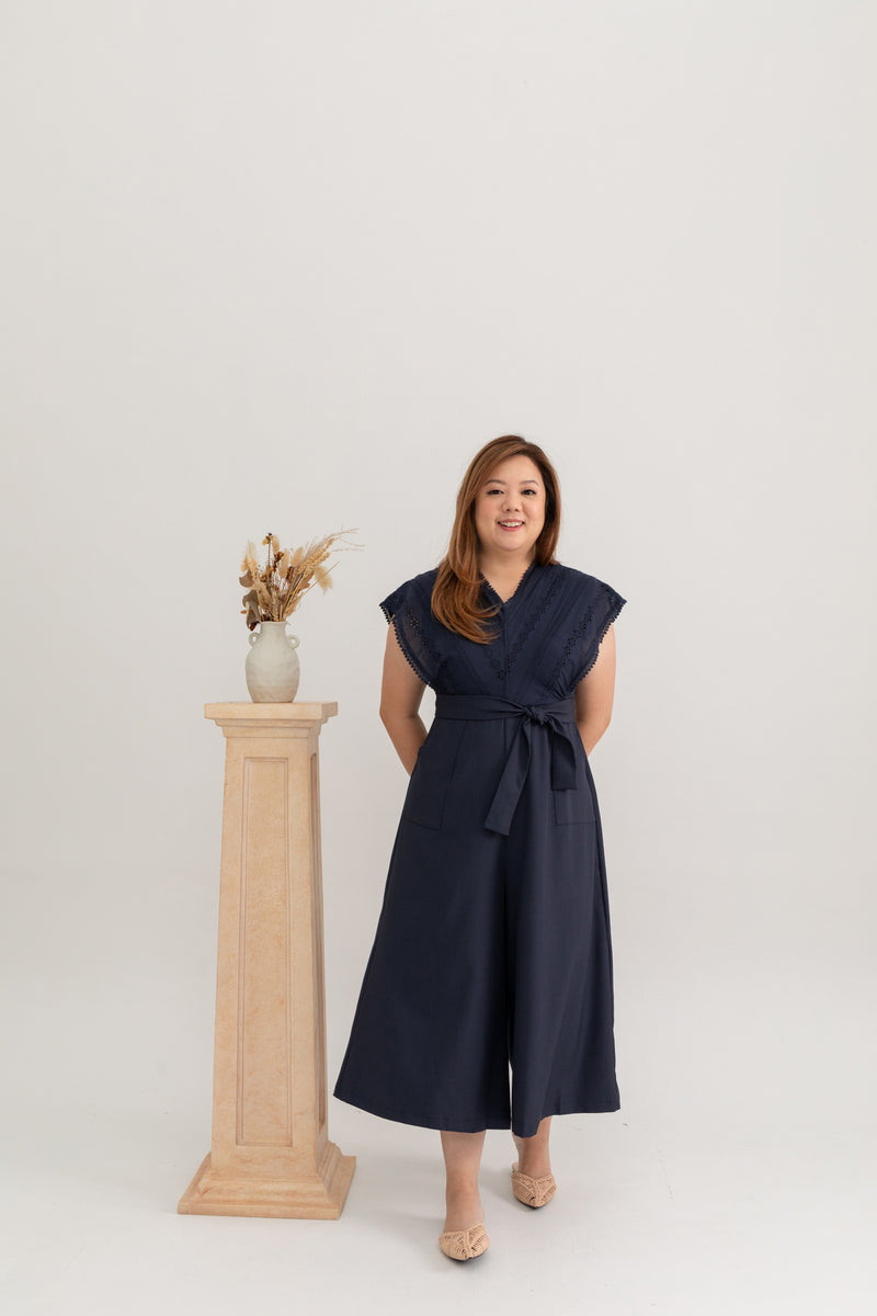 Eyelet Batwing Midi Jumpsuit (Navy)