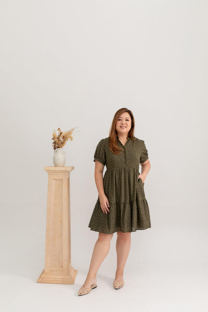 Eyelet Summer Tiered Dress (Army Green)